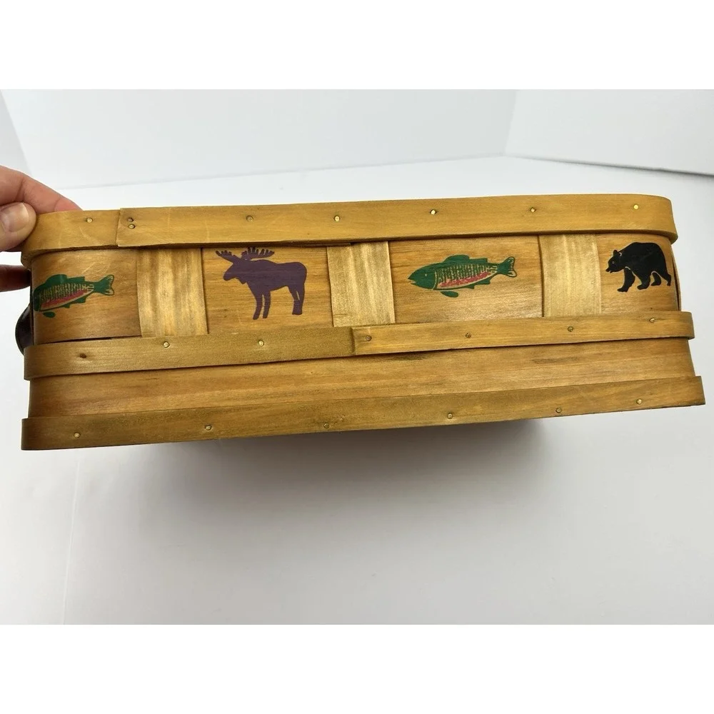 Vintage Rustic Bentwood Basket Bear Moose Fish Leather Handles Cabin Lodge Decor